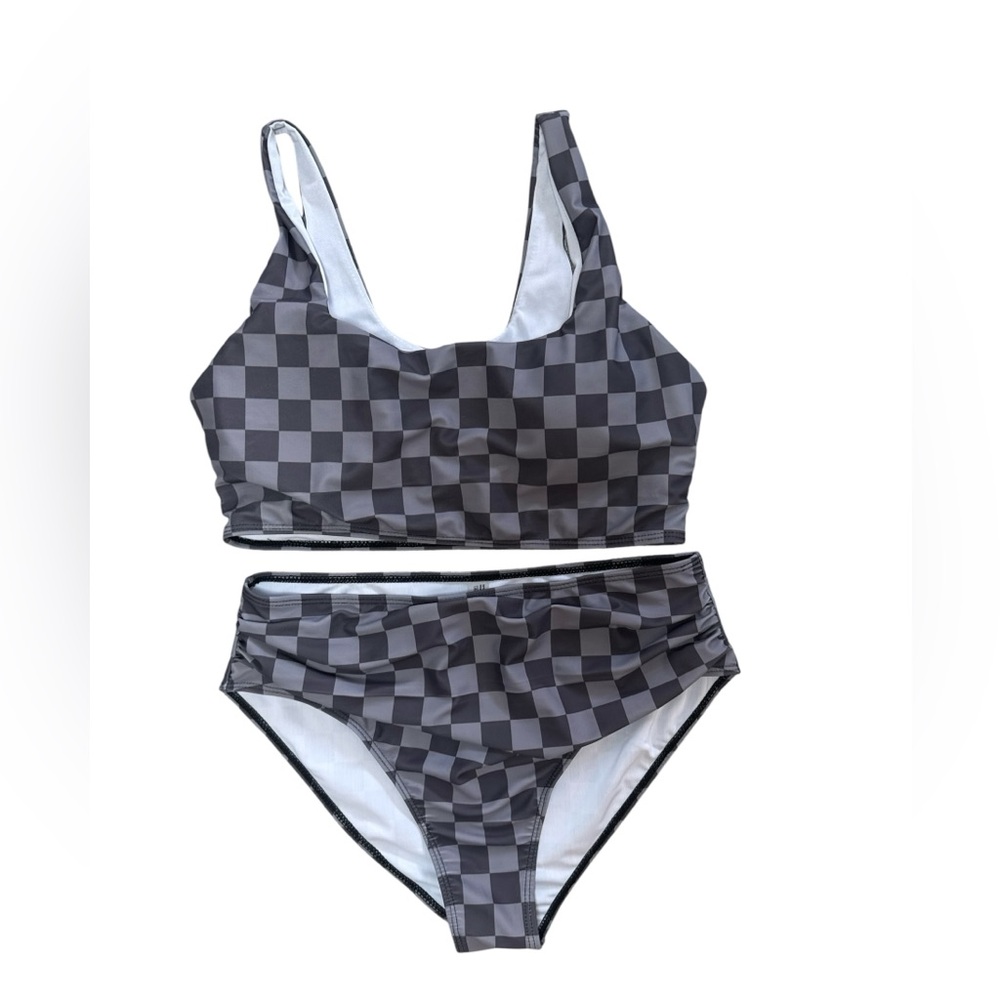 Checkered Bikini Set XL High Waisted Two Piece Gray Black Ruched Bottom